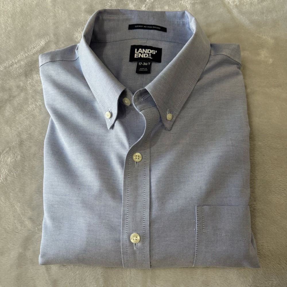Lands End Mens Supima‎ No Iron Oxford Button Down Shirt 17 36T Blue